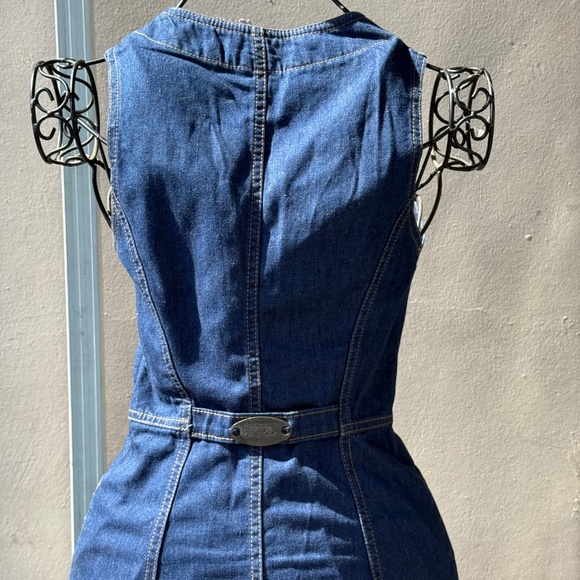 Vintage 70s Levis Denim Sundress Fitted Button Front Dress Brass Buckle In Back - Picture 5 of 11